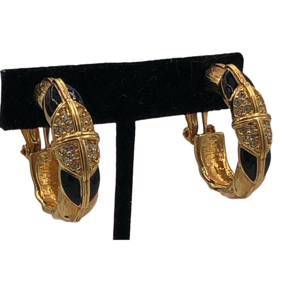 Swarovski Brand Gold Plated Black Enamel Clear Crystal Hoop Clip-On Earrings - Picture 4 of 9